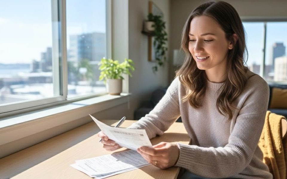 Reviewing utility bills at a sunlit desk in an Alaskan apartment