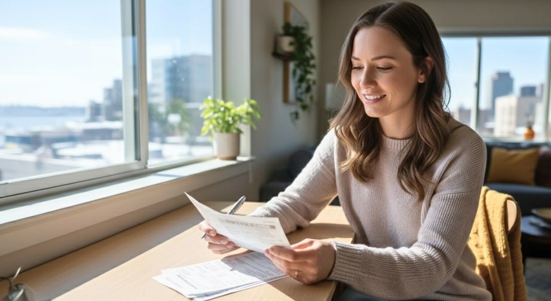 Reviewing utility bills at a sunlit desk in an Alaskan apartment